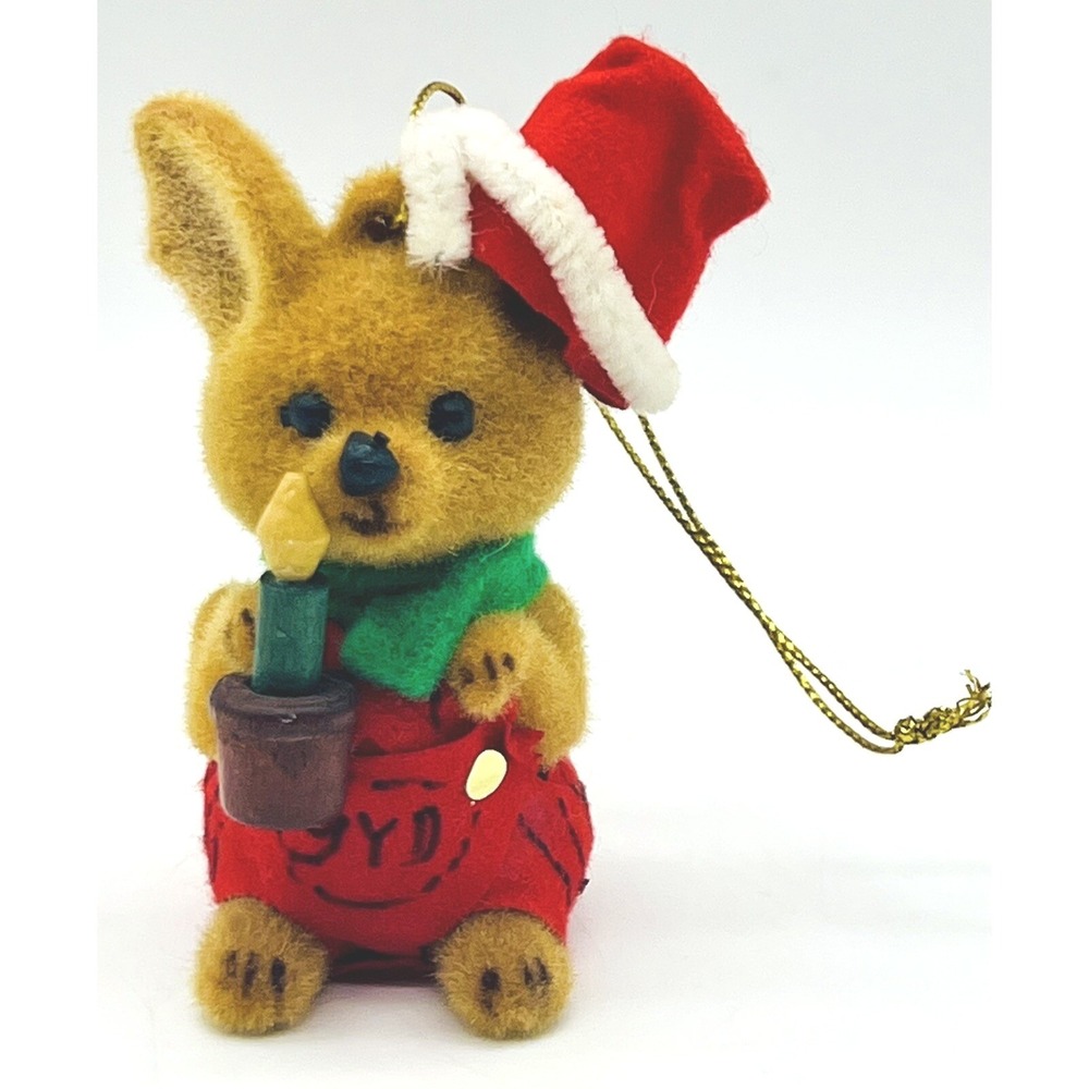 Vintage Morgan Inc Sydney Kangaroo Flocked Christmas Ornament Santa Hat‎ Candle